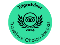 a round green label with black text and an owl representing travellers choice award 2024
