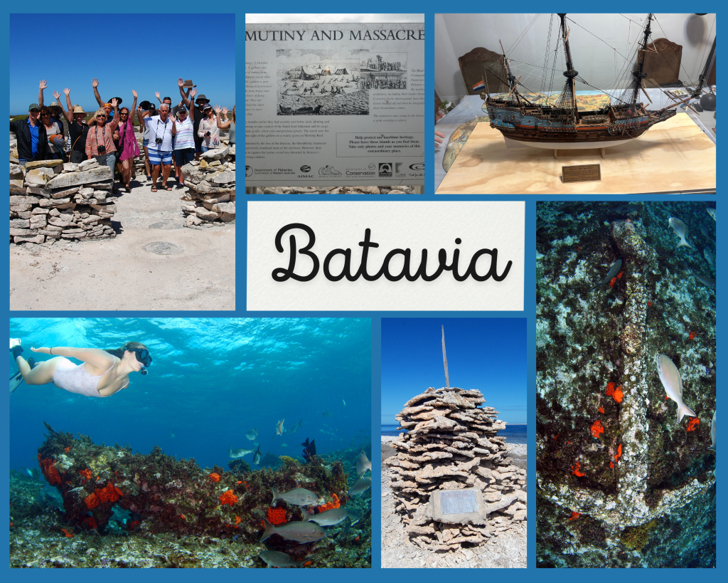 Collage of the Batavia experience offered on an Eco Abrolhos cruise to the Abrolhos Islands