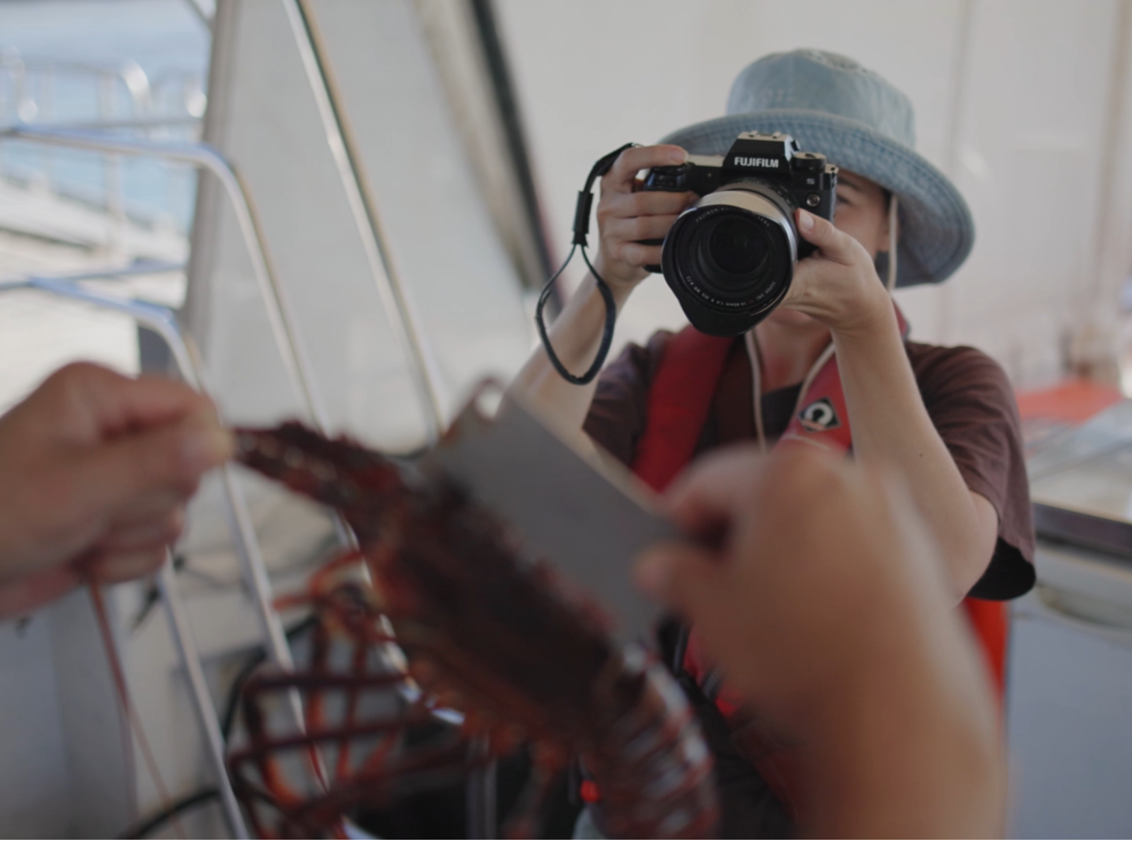 Person taking photo of friend sizing a lobster on an Eco Abrolhos Cruises Lobster Pot Pull from Geraldton, Western Australia